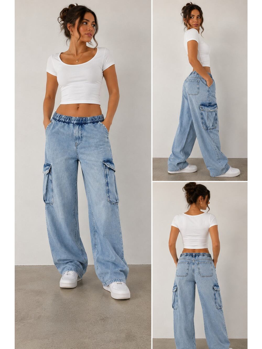H&M Loose Fit Denim Cargo Jeans Women’s Small Light Wash Elastic Waist Utility
